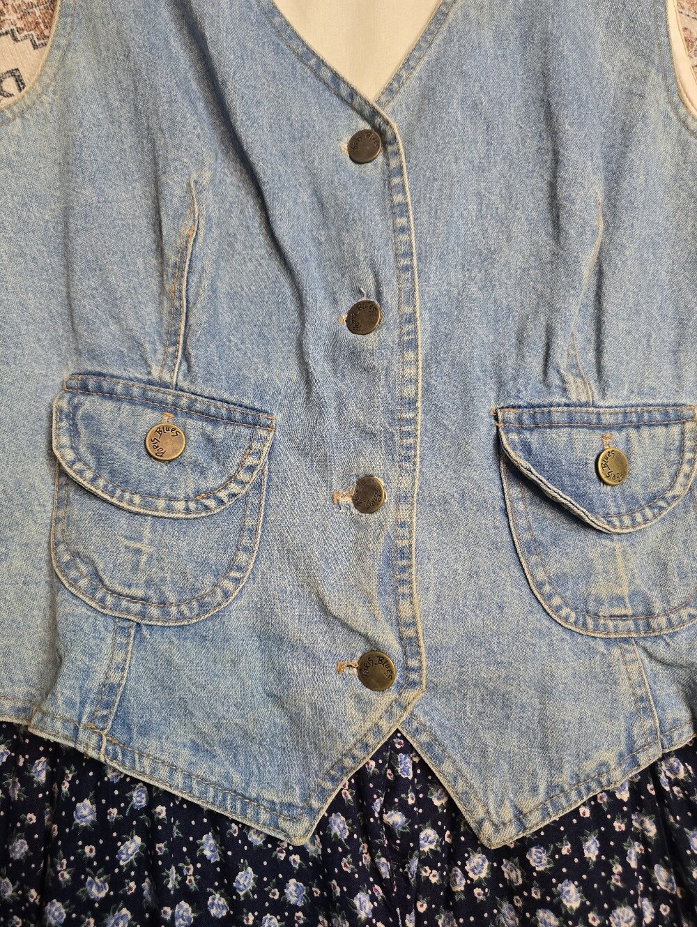 Vintage 90s Paris Blues Denim Vest Floral Maxi Dress Size 9 Cottagecore Grunge - Picture 6 of 13